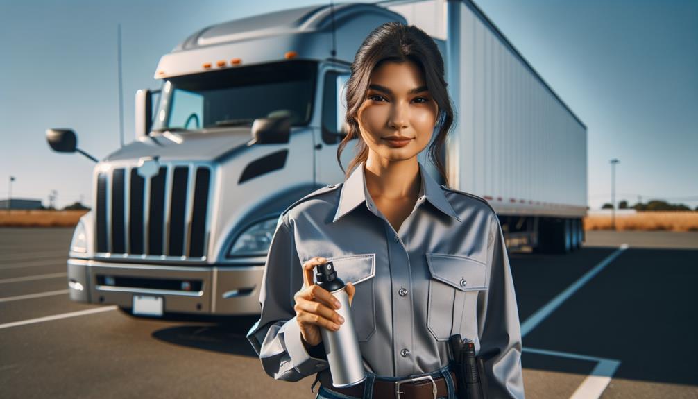 A Woman Holding A Can Pepper Spray In Front Of A Semi Truck