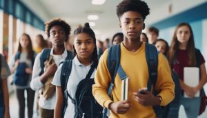 High School Students Walking In A Hall With Personal Alarms