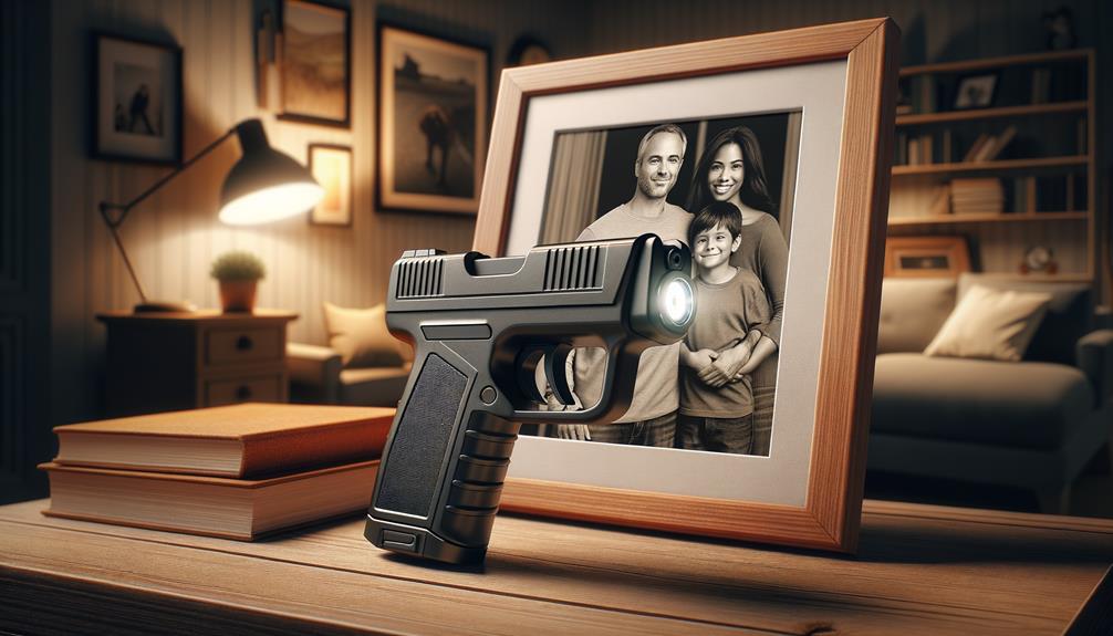 Stun gun In Front Of A Family Picture Frame On Top Of A Table