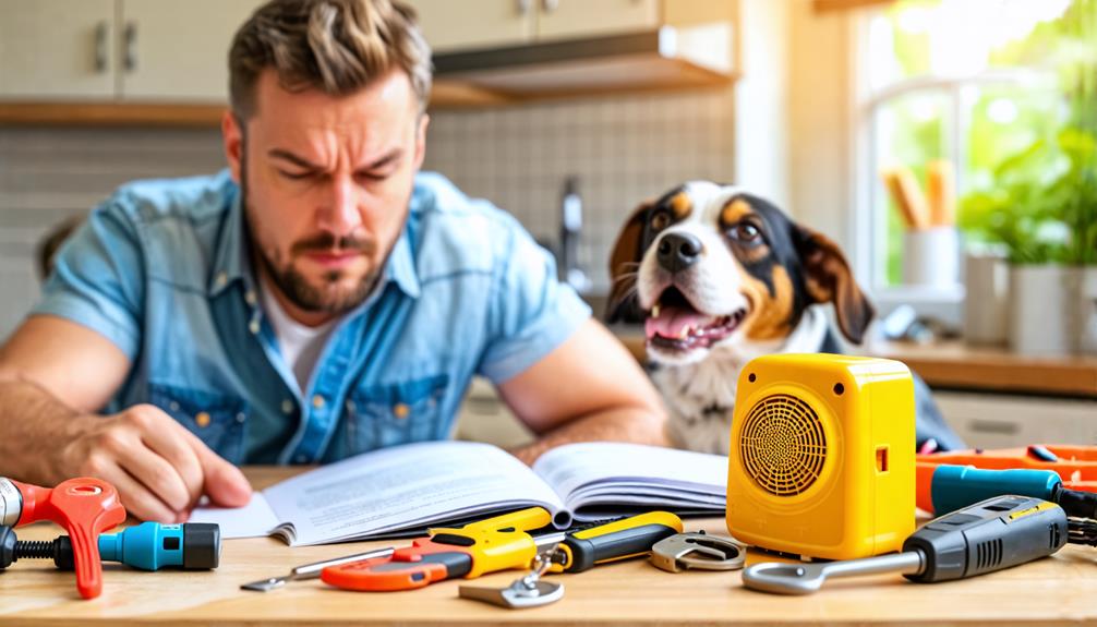 Barking Dog Alarm Sitting On Top Of A Table Alongside A Human And A Dog