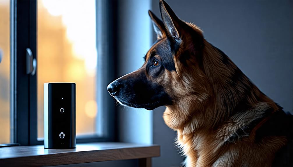 Dog Sitting By A Window Next To A Barking Dog Alarm