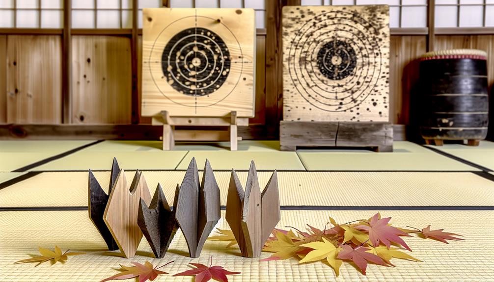 Several Wooden Throwing Stars On The Floor With Two Target Boards In The Background.