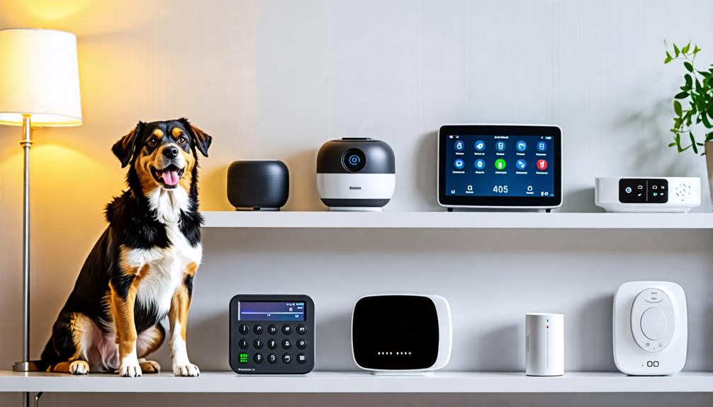 A Dog Sitting Next To Several Barking Dog Alarms On Two Shelves