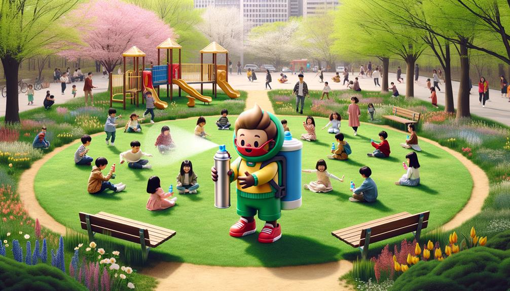 Cartoon Image Of A Boy Spraying Mace Spray In A Playing Ground