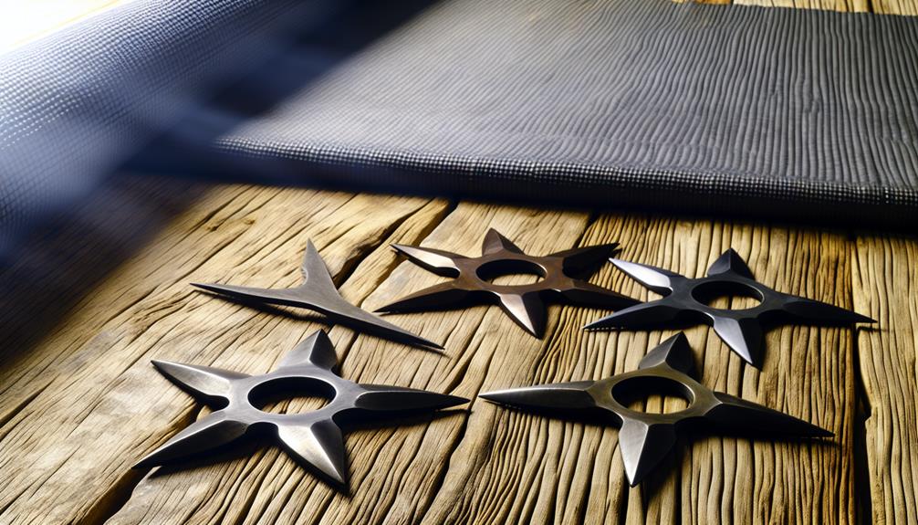 Several Throwing Stars On Top Of A Wooden Table