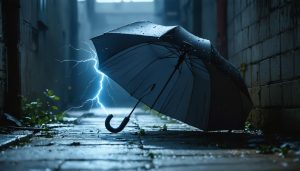 Umbrella sitting on the floor outside while raining