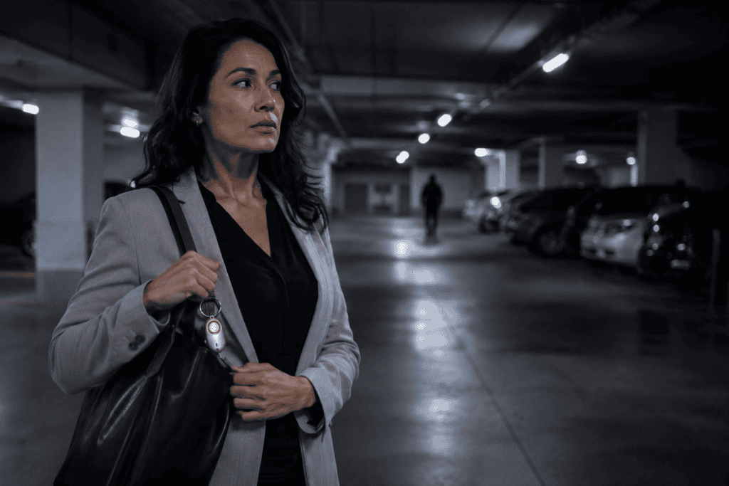 Woman in a parking lot and a man in the background