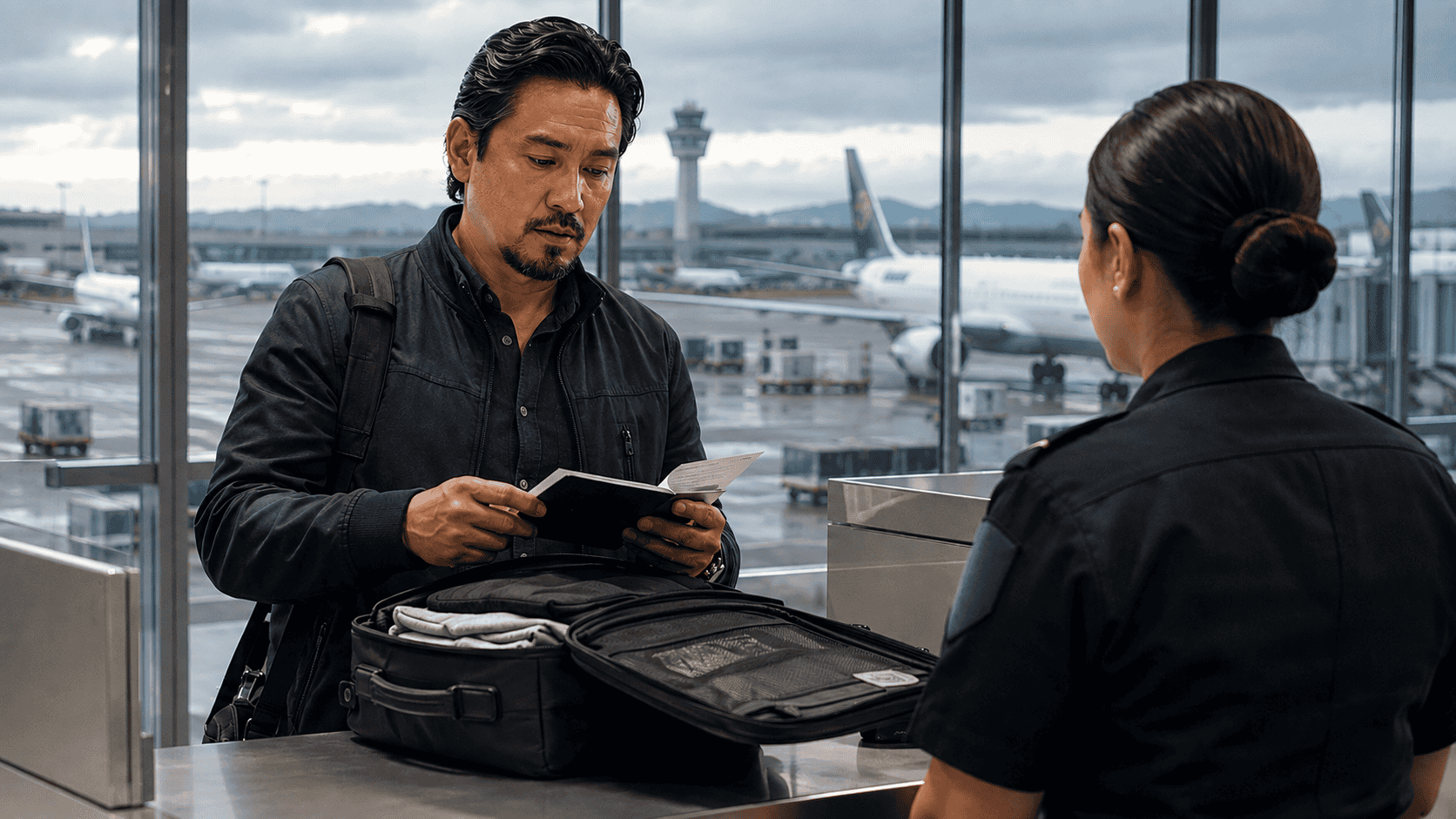 Man showing documents to airport security