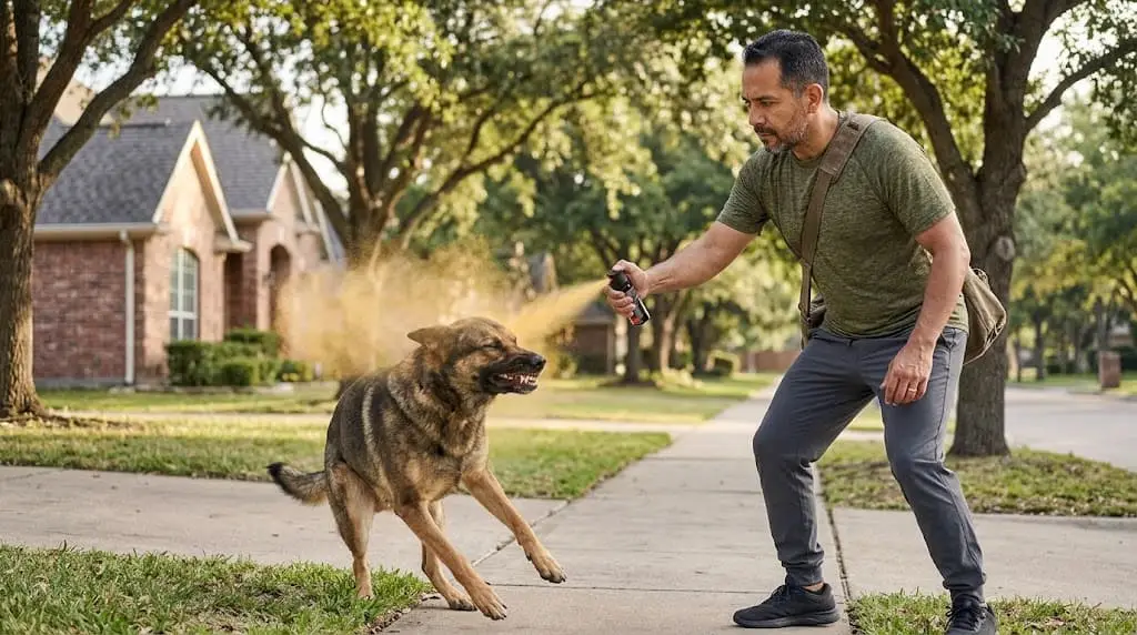 Man spraying a dog with mace spray
