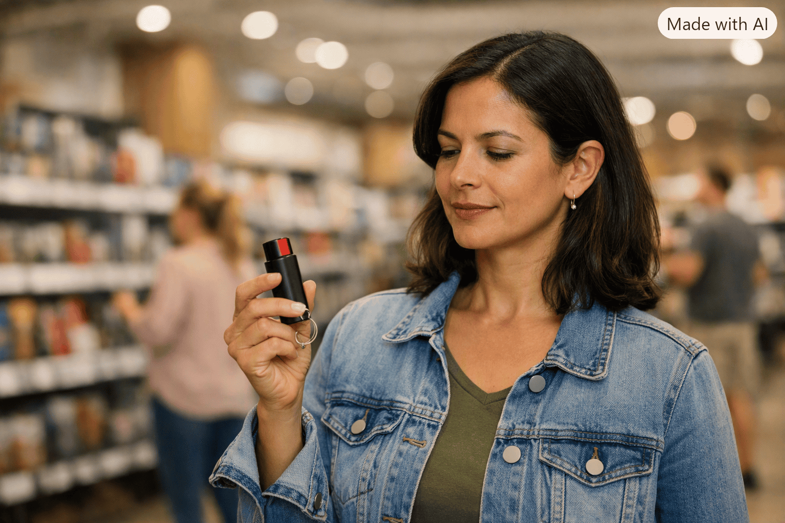 Woman with pepper spray in hand inside a retail store