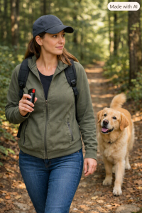Woman Walking In The Woods With A Pepper Spray On Hand