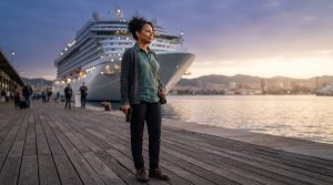 Woman with stun gun on a pier